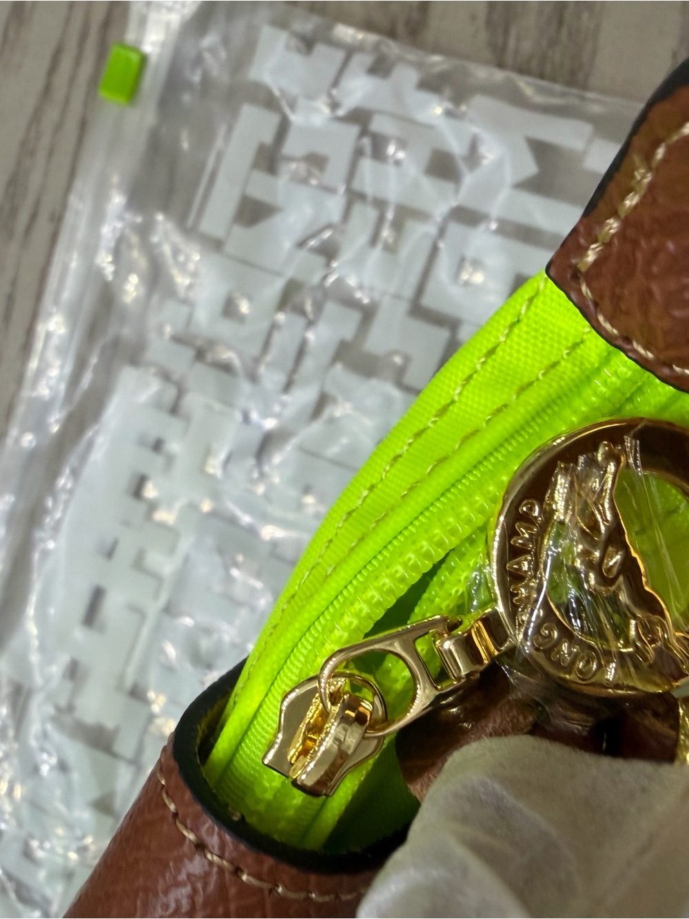 Longchamp Neon Yellow Small Tote with Brown Trim - Picture 4 of 7